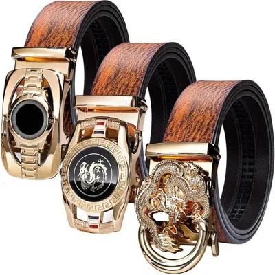 Immagine prodotto di Cintura da uomo in vera pelle, 35 mm, fibbia a scatto, regolazione automatica, stile business/casual, colore oro-arancio