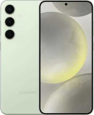 A light green Samsung smartphone is shown from the back and front, with its screen displaying abstract shapes.