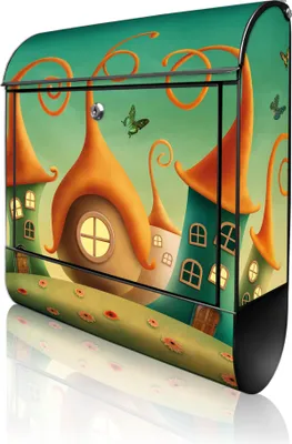Produktbild von banjado Design Briefkasten Stahl schwarz mit Zeitungsfach pulverbeschichtet "Zwergenhausen" 38x46x12,5cm & 2 Schlüssel - Postkasten A4 Einwurf inkl. Montagematerial [BKSCH 11103]