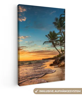 Produktbild von MuchoWow® - Leinwandbilder - Strand - Sonnenuntergang - Meer - Palme, Wandbild, Wanddeko Bilder Wohnzimmer, 60x90 cm