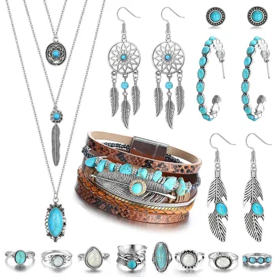 Productafbeelding van Boheemse turquoise sieradenset voor dames, bestaande uit een ketting, oorbellen, armband en ringen