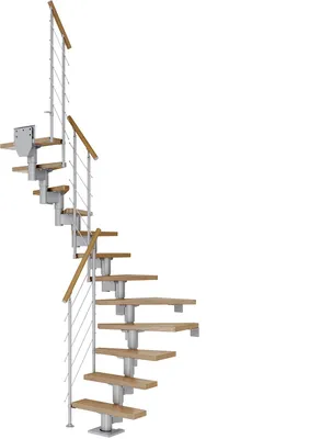 Produktbild von Dolle Mittelholmtreppe Dublin 1/4 gewendelt aus Ahorn lackiert 61 cm breit für GH 259–315 cm UK Metall Perlgrau mitlaufende Edelstahlstäbe