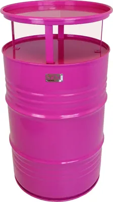 A pink barrel-shaped table with a clear top.