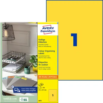 Produktbild von Avery Zweckform 3473, Farbige Etiketten, A4, 210 x 297 mm, 100 Etiketten / 100 Bögen, gelb