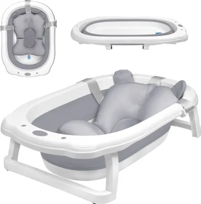 Obrázok produktu pre UISEBRT Skladacia detská vanička Skladacia vanička Ergonomická vanička Protišmyková s odtokom Vankúš do vane pre novorodencov (antracitová s vankúšom)