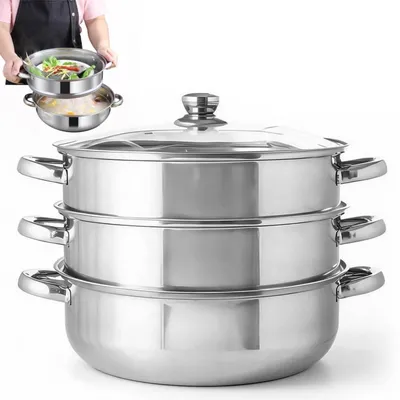 Productafbeelding van Stoomkoker, diameter 28 cm, roestvrij staal, geschikt voor inductiekookplaten, met glazen deksel en 3 bakjes
