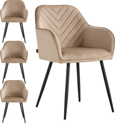 A set of four beige upholstered dining chairs with black metal legs, arranged in a collage with one chair prominently displayed.