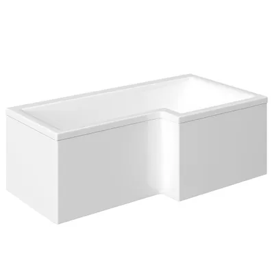A white corner bathtub with a shower zone, shown from a side-angle.