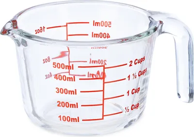Produktbild von Relaxdays Messbecher Glas, 500 ml, hitzebeständig, mikrowellengeeignet, Skala in Milliliter, Cups, oz, transparent