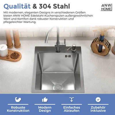 Produktbild von ANW HOME Spülbecken Küche 40x50 cm mit Siphon, Abtropfgestell & Seifenspender 350ml, Waschbecken Küche Edelstahl 304 mit 2 HahnLöcher