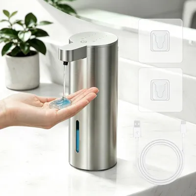Produktbild von Seifenspender - 4 Stufen - Einstellbar - Edelstahl - 400 ml - Geräuscharmer Betrieb - Spülmittelspender - USB-C-Aufladung - Für Badezimmer - Küche