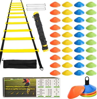 Produktbild von Unyqoos® Fußball-Trainingsset – 6 m Koordinationsleiter (12 verstellbare Sprossen), 40 bunte Hütchen, Tragetasche, PP/Nylon, für Team- & Individualtraining