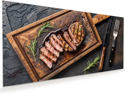 Produktbild von Glasbild 120x60cm in XXL für Wohnzimmer, Schlafzimmer Motiv Servierbrett Fleisch