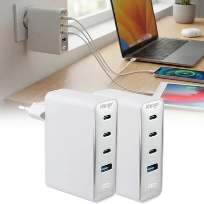 Produktbild von 2er-Set 100W GaN III USB-Ladegerät mit 4 Ports, 3x USB-C & 1x USB-A, Schnellladegerät mit LED-Display, PD, feuerfestes Gehäuse, für Laptop und Handy