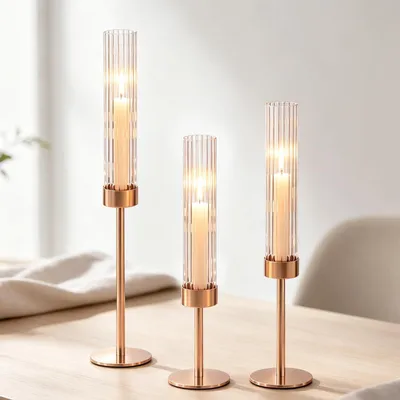 3er-Set Kerzenständer aus Glas, gold, 47,5/41,5/35,5 cm