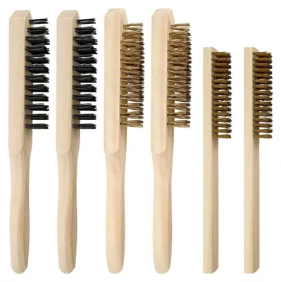 Produktbild von 6-teiliges Drahtbürsten-Set, Messing- und Stahlbürsten mit Holzgriff in 2 Größen für die Reinigung von Rost und Schmutz