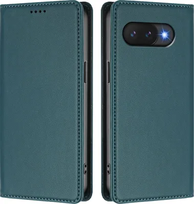 Image de Etui en cuir pour Google Pixel 9A, étui magnétique en cuirPolyuréthaneavec support Vert