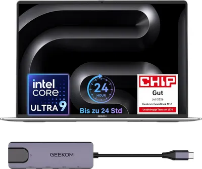 Produktbild von 2026 GEEKOM GeekBook M16 Laptop, bis zu 24h, 55W Dauerleistung, Ultra 9 Notebook,16″ 2K IPS, USB4, 100 W PD-Schnellladen, leise Dual-Lüfter