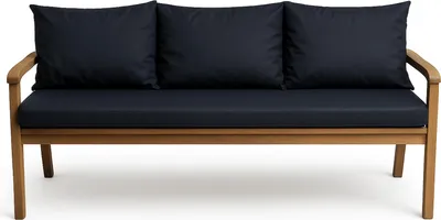 A studio shot of a navy blue cushioned wooden bench.