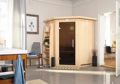 Produktbild von Elementsauna Karibu Callinan ohne Ofen mit Dachkranz und graphitfarbiger Ganzglastüre