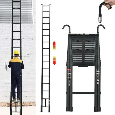 Produktbild von Leiter - teleskopische klappbare Aluminiumleiter - Länge 6,2 m - Rutschfeste Sprossen - 2 Haken - Tragkraft 150 kg - Für Innen- und Außenbereich