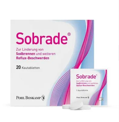 Produktbild von Sobrade Kautabletten zur Linderung von Sodbrennen und weiteren Reflux-Beschwerden, 20 St. Kautabletten