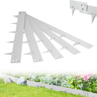 A product shot of metal garden edging strips, with a lifestyle shot of the edging installed in a garden below.