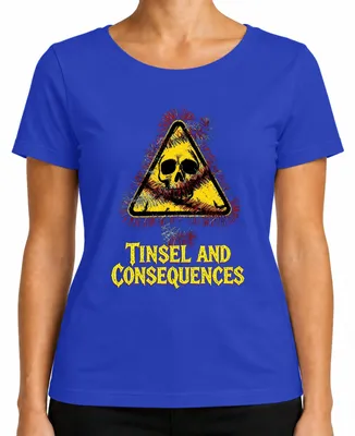 Produktbild von Tinsel and Consequences Totenkopf Lametta Warnschild Skull Gefahr Damen T-Shirt, Blau, XXL