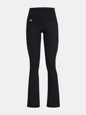 A pair of black Under Armour flare leggings shown from the front against a white background.