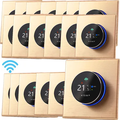 Zdjęcie produktu dla Termostat cyfrowy 20X WiFi z wyświetlaczem LCD, programowalny termostat ścienny do montażu podtynkowego, do ogrzewania podłogowego i przygotowania ciepłej wody (5 A), sterowanie przyciskami/aplikacja mobilna/sterowanie głosowe, termometr wewnętrzny, kolor szampanowy