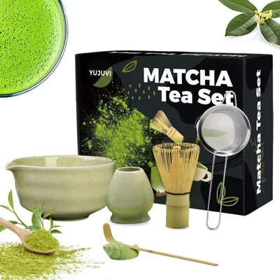 Zdjęcie produktu dla Zestaw do parzenia matcha, 8 elementów: miska, trzepaczka, podstawa, sitko, łyżeczka, ściereczka i stojak na łyżkę