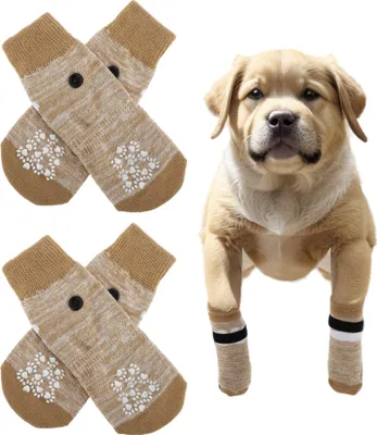 Image de Chaussettes pour Chien Anti-dérapant 4Pcs Chaussette Chien Protection de Pattes Avec Bretelles Ajustables pour intérieur et extérieur, Jaune Dégradé, L (7.5 x 18 cm)