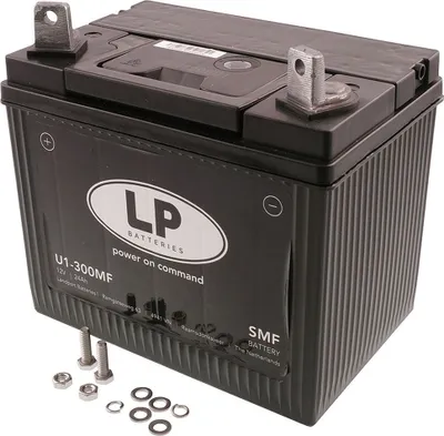 A black car battery with silver terminals and some loose screws and washers in the foreground.