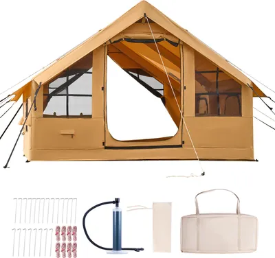 Produktbild von SucceBuy Aufblasbares Campingzelt für 5-8 Personen, 4x3x2,2 m Glamping-Zelt mit Handpumpe, Oberlichtern, Baldachin, Ofenanschluss, Türen, Netzfenstern und Tragetasche