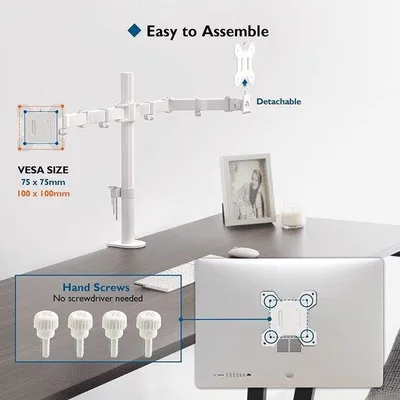 Image de Support mural double pour moniteurs Unyqoos®, compatible avec 2 moniteurs de 13 à 27 pouces, avec bras réglables en hauteur, en acier, inclinables de ±90°, pivotants de 180° et rotatifs de 360°, compatible VESA 75/100, de couleur blanche, capacité de 10 kg par bras, longueur de 430 mm
