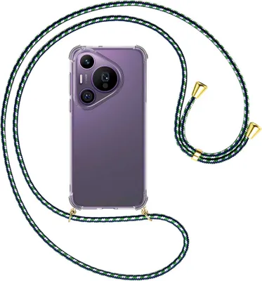 Produktbild von Handykette Backcover-Schutzhülle mit Band (Metall goldfarben) für Huawei Pura 70 Pro / Pro+ - grün/blau/weiß
