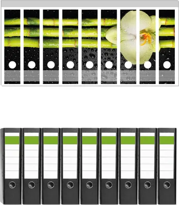 Produktbild von Wallario 9 Stück breite Ordner inkl. Klebeetiketten mit Motive Grüne Orchidee mit Bambus auf schwarz - Regentropfen -  Set mit Rückenschildern / Ordnerrücken Stickern