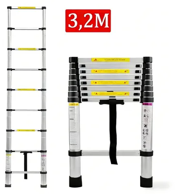 Image de QEENTOE, échelle télescopique en aluminium, 3,2 m, antidérapante, design télescopique, charge maximale : 150 kg