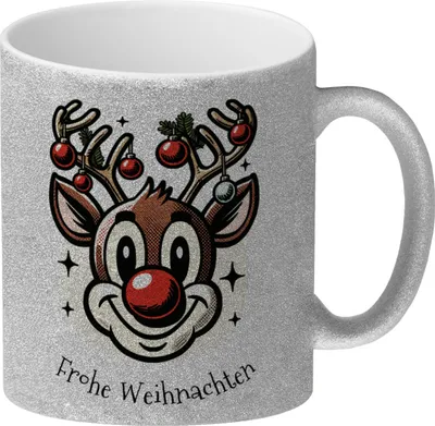 Produktbild von Rentier Glitzer-Kaffeebecher und Spruch Frohe Weihnachten