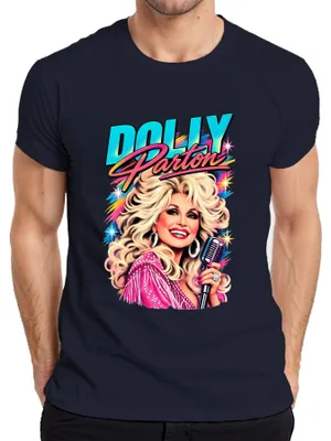 Zdjęcie produktu dla Koszulka męska z nadrukiem "Dolly Parton", ikona country muzyki, w stylu retro, z motywem Nashville, kolor granatowy, rozmiar L