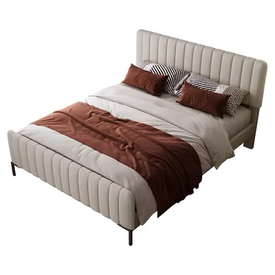 Obrázek produktu pro Postel s čalouněnou konstrukcí, rozměry 180x200 cm, barva šedá/béžová, s roštem a nastavitelnou opěrkou hlavy, vhodná do ložnice