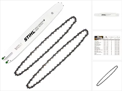 A white background with a chainsaw bar and two chains.