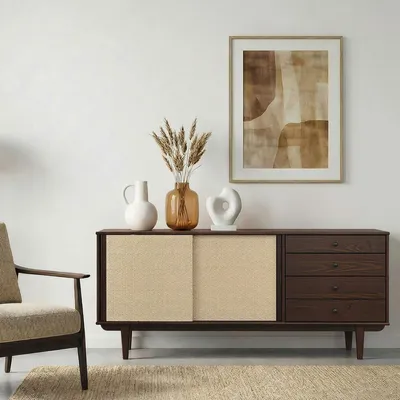 Produktbild von Sideboard SIMONA mit Rattan-Geflecht 175cm, nussbaumoptik – 4 Schubladen und 2 Schiebetüren, Flurkommode mit Einlegeboden, Wohnzimmer