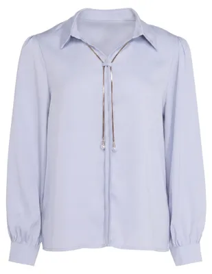 Produktbild von Elegante Damen Bluse S in Blau mit V-Ausschnitt, klassischem Kragen und langen Ärmeln