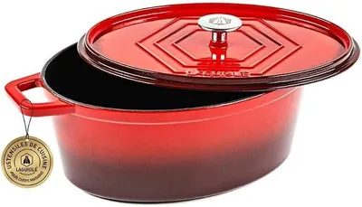 Imagen del producto de Silecomplaza: Olla de hierro fundido esmaltada, ovalada, de color rojo, 31 x 23 cm, 5,7 litros