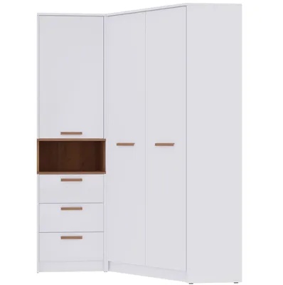 A white corner wardrobe with wooden handles and a brown open shelf section.