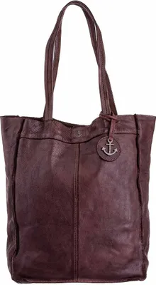 A studio shot of a brown leather tote bag.