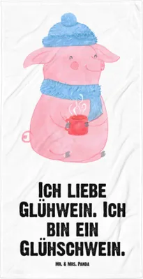 Produktbild von Mr. & Mrs. Panda Handtuch Schwein Glühwein - Weiß - Geschenk, Punsch, Glühschwein, Duschhandtuch, Weihnachtsmarkt, Weihnachten, Strandtuch, Badelaken, Reisehandtuch