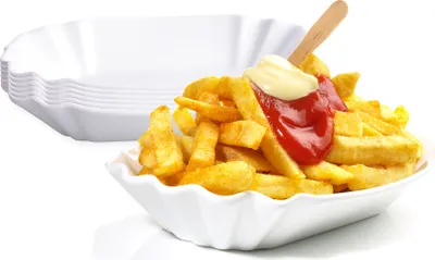 Produktbild von BigDean 6er Set Pommesschale aus Porzellan 19,5 cm - Weiß - Currywurstschale Pommes Frites Currywurst Snack Schale