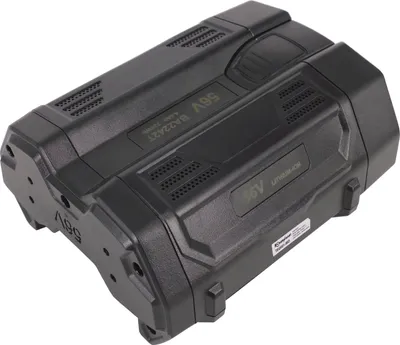 A black battery pack is shown from a diagonal angle on a white background.
